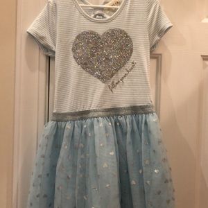 Girls sparkly silver, light blue and white heart dress with mesh like bottom.